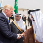 Saudi Arabia's King Salman bin Abdulaziz Al Saud shakes hands with U.S. President Donald Trump during a reception ceremony in Riyadh