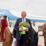 U.S. President Donald Trump gestures as Saudi Arabia's King Salman bin Abdulaziz Al Saud stands next to him during a reception ceremony in Riyadh