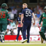 England's Ben Stokes with Bangladesh's Tamim Iqbal and Mushfiqur Rahim