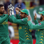 Pakistan's Junaid Khan celebrates the wicket of Sri Lanka's Danushka Gunathilaka with teammates