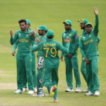 Pakistan's Mohammad Amir celebrates the wicket of Sri Lanka's Angelo Mathews with teammates